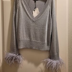 Milly Silver V-Neck Sweater with Feather Cuffs